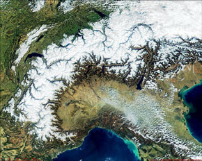 MODIS 1,4,3 RGB composite over the Alps on March 5, 2000