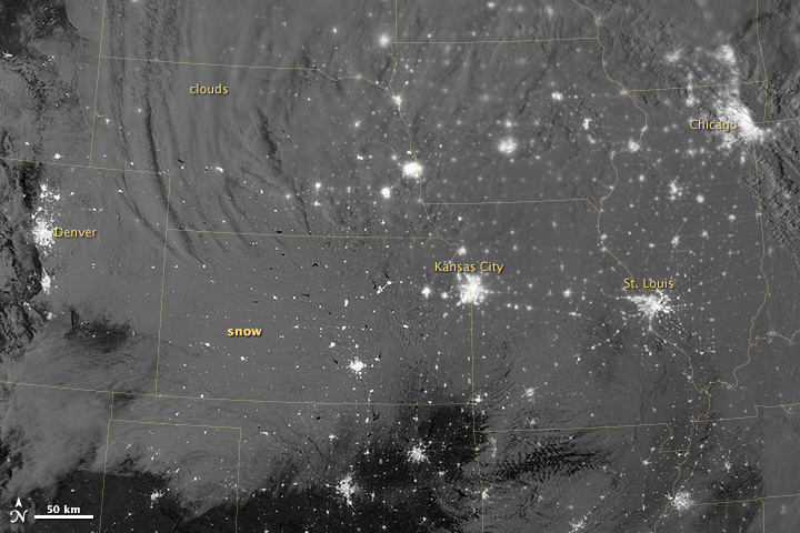 Nighttime View of Snow across the United States