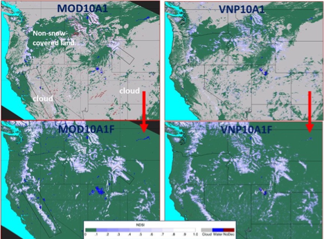Examples of MODIS and VIIRS standard and cloud-gap-filled (CGF) snow maps on 14 April 2012 for parts of the western U.S./southwestern Canada.